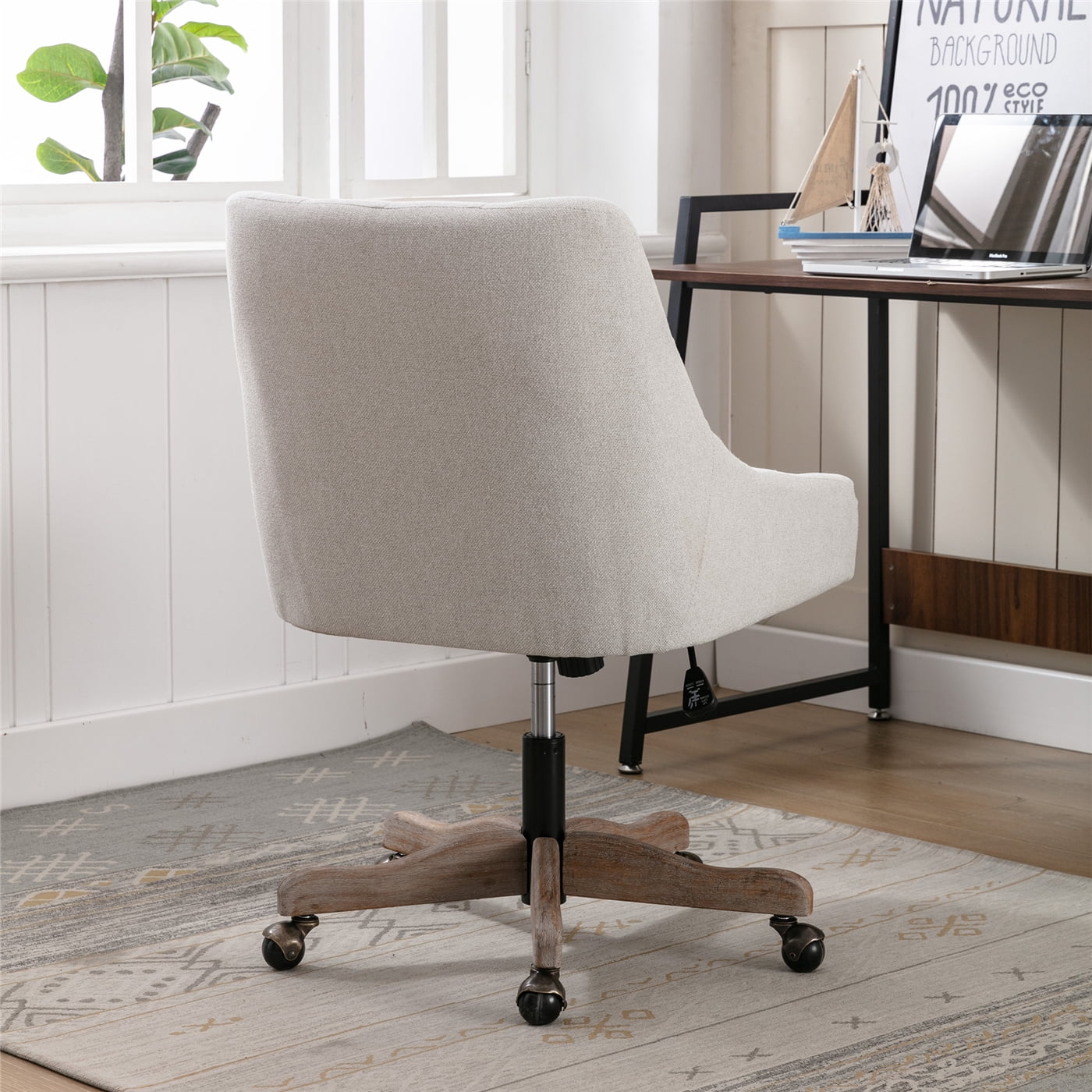 Modern Tufted Linen Swivel Office Chair, Wood Base & Rolling Wheels, Adjustable, Beige