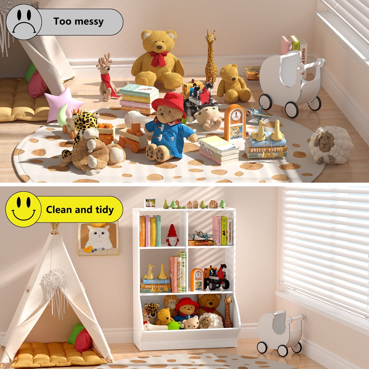 Kid's Cubby Toy Storage Cabinet, Wood Toy Organizer of 5 Bins, Children's White Bookcase, Kids Bookshelf for Bedroom Living Room