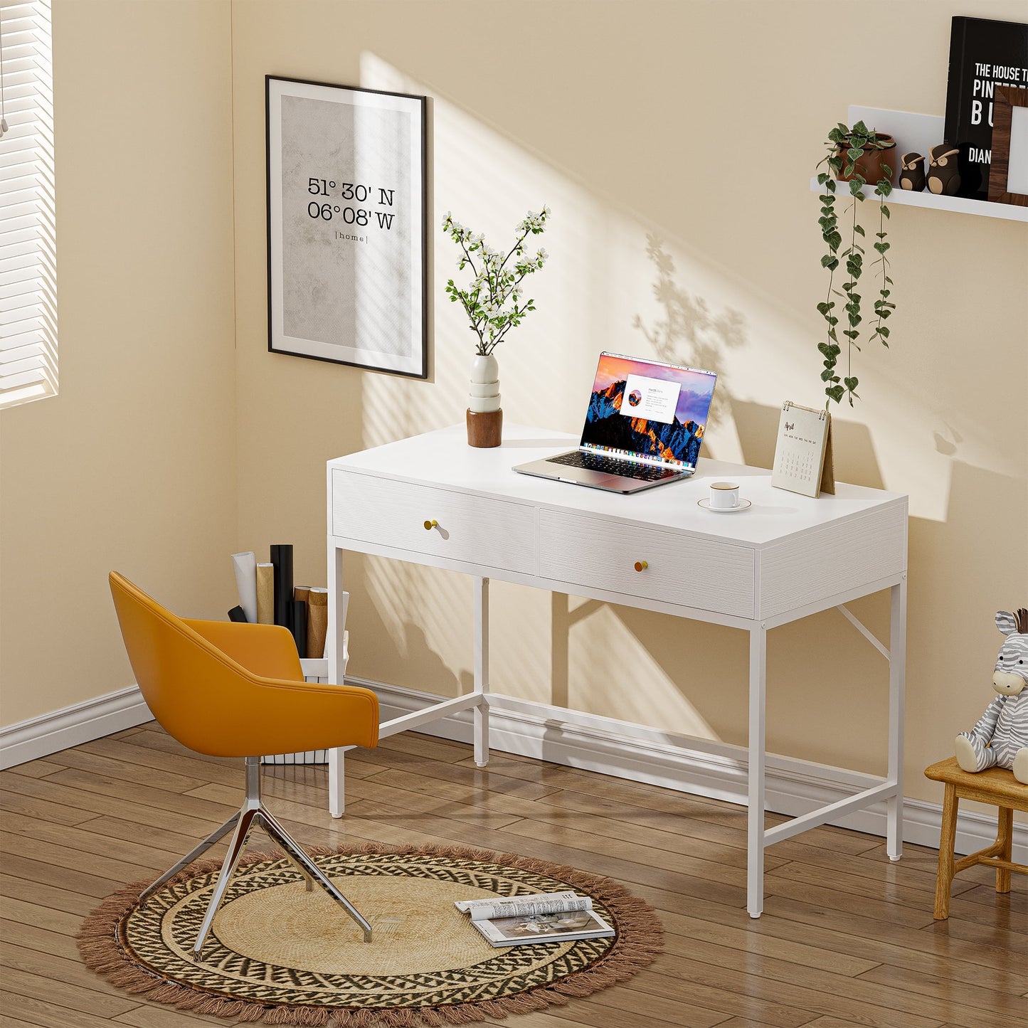 47.2in White Desk with Drawers, Makeup Vanity Desk, Modern Vanity Table, Computer Desk, Makeup Dressing Table, for Bedroom and Living Room