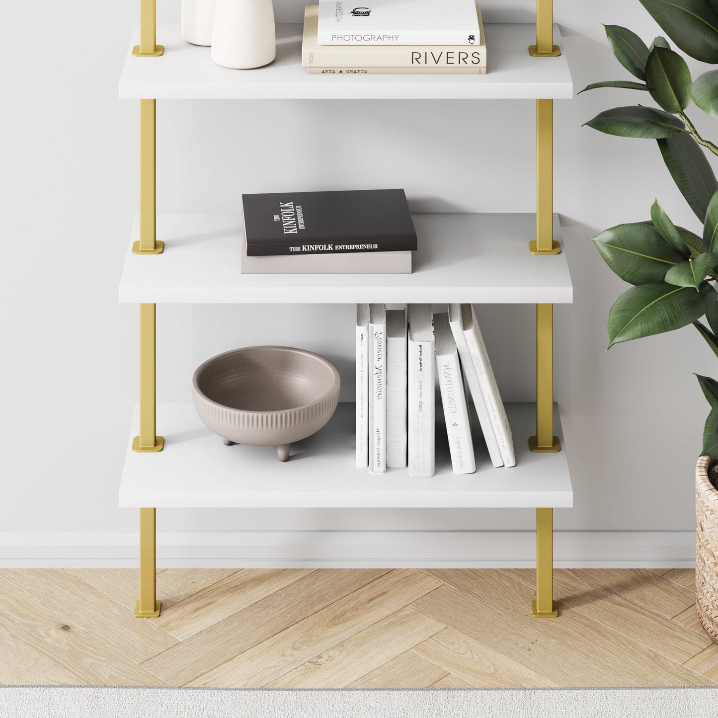 Nathan James Theo 6-Shelf Tall Bookcase Wall Mount Bookshelf White Wood with Gold Brass Metal Frame White/Gold