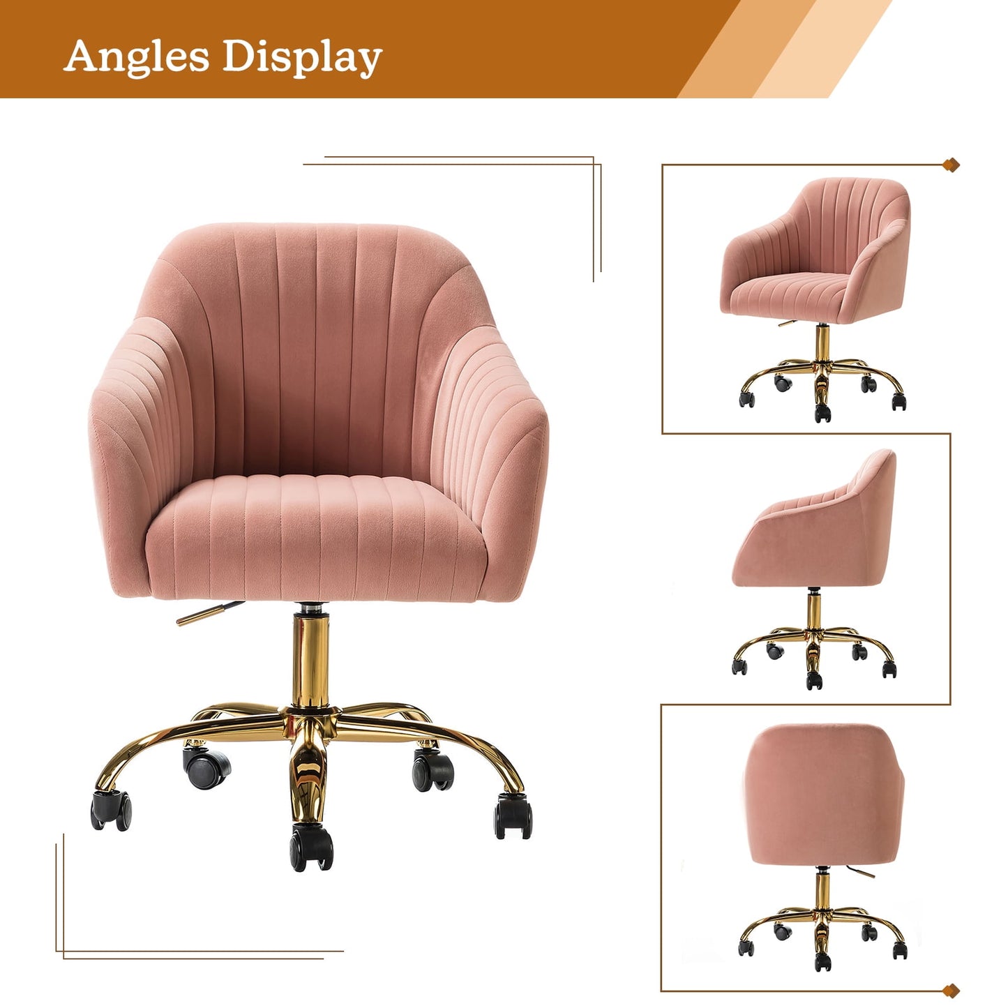 14 Karat Velvet Swivel Office Desk Chair, Pink, Rolling with Gold Legs, Adjustable Back