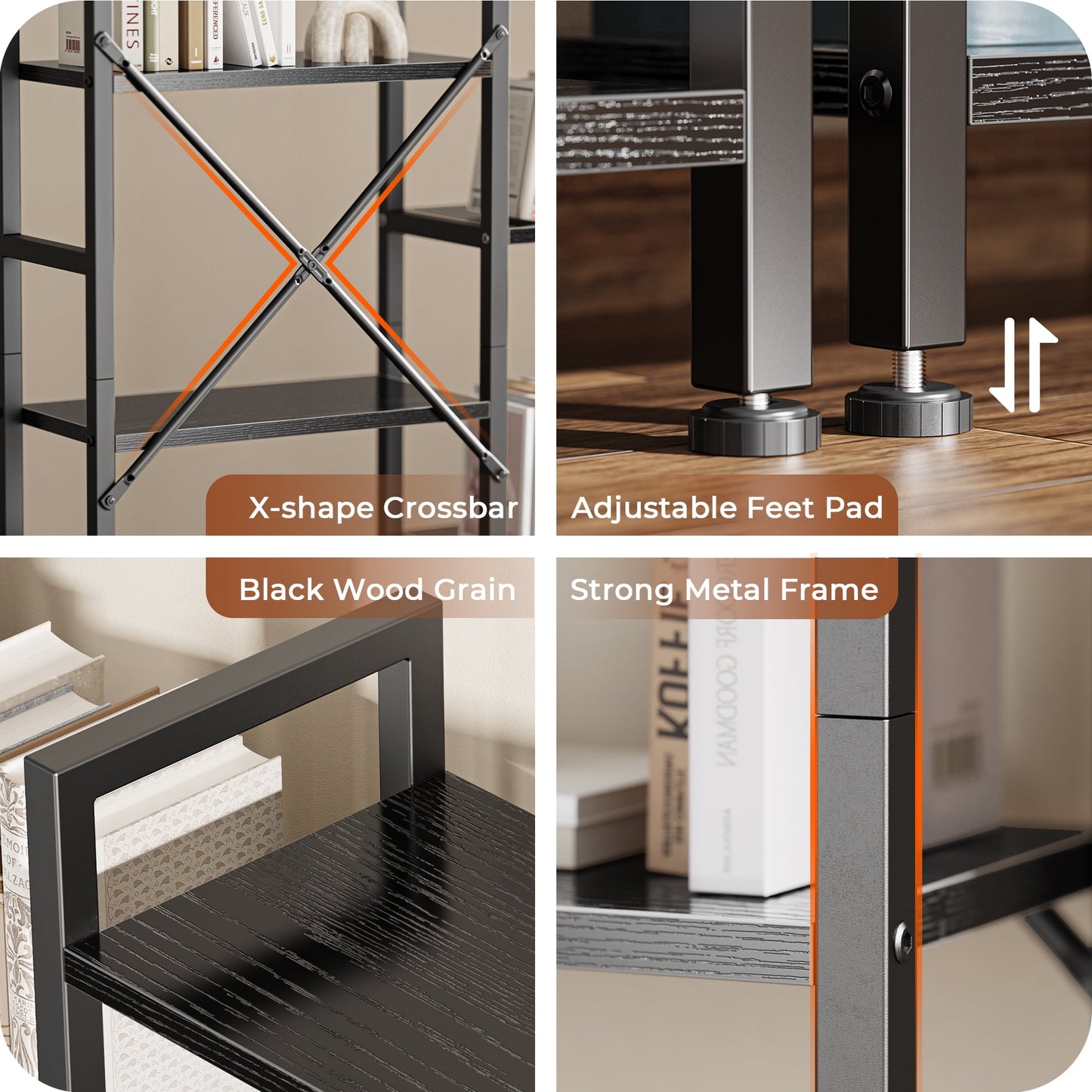 5 Tiers Industrial Bookcase and Bookshelf, Metal Wood 11 Display Shelves, Large Book Shelf for Living Room, Storage Shelf Organizer, Book Case in Black