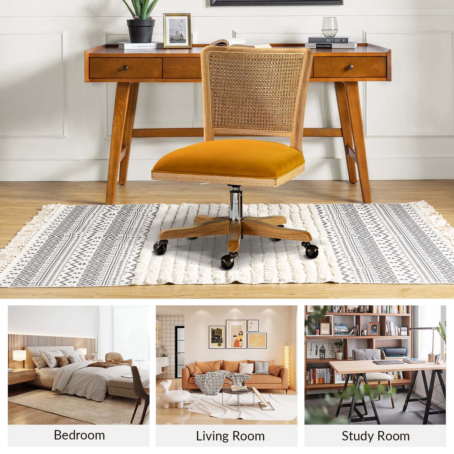 Contemporary Swivel Task Chair, Cute Rattan Back Office and Computer Chair for Adult, Yellow