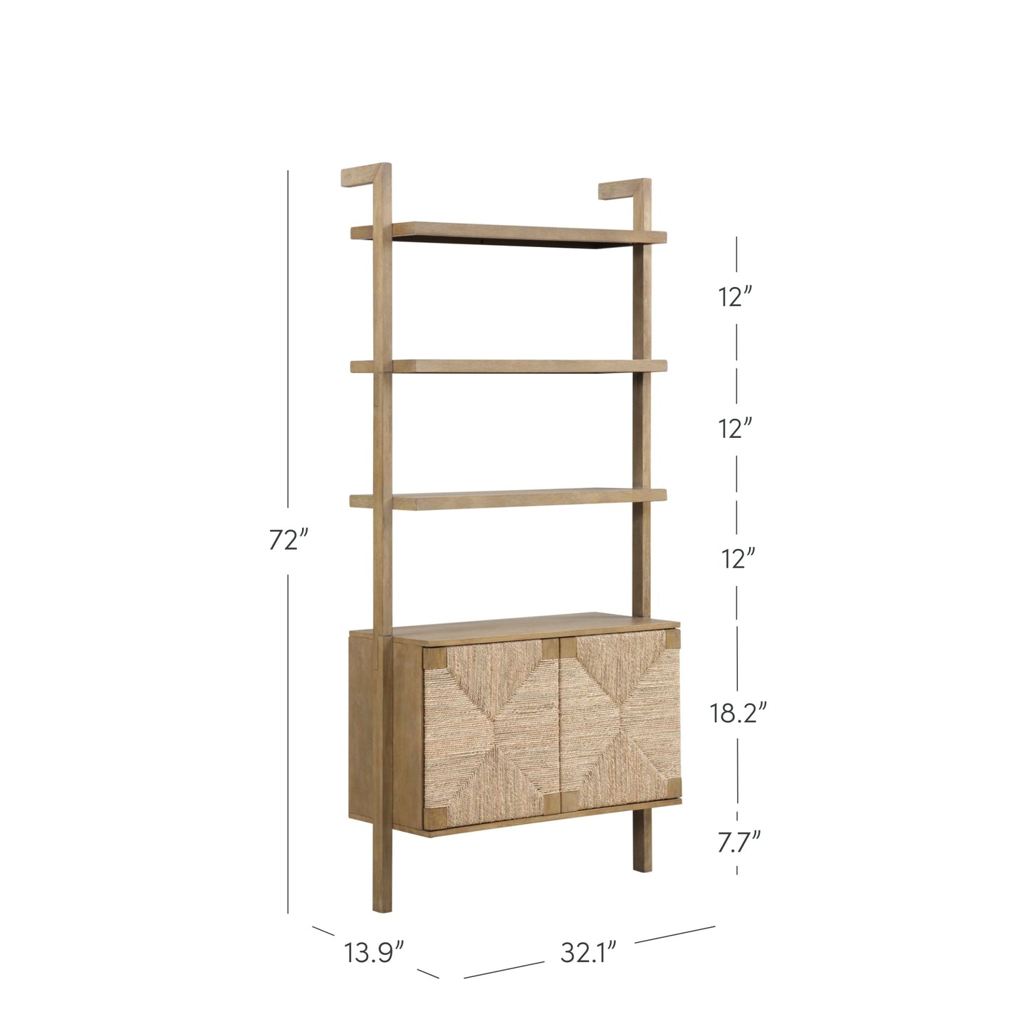 Nathan James Beacon 3-Shelf Solid Wood Bookshelf with Storage Cabinet, Bohemian Wall Mounted Shelf with Seagrass Door Fronts