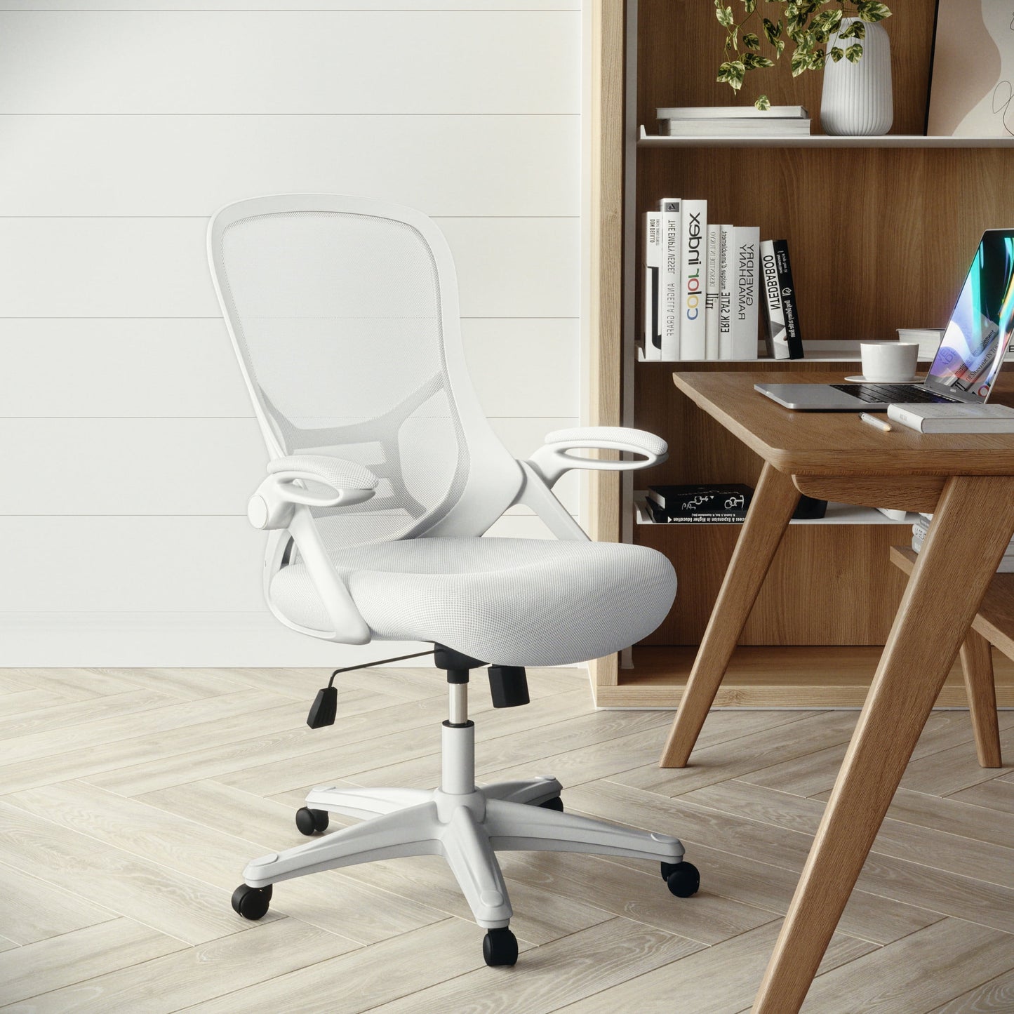 Flash Furniture Porter Ergonomic Mesh High-Back Swivel Office Chair with Flip-Up Armrests, White