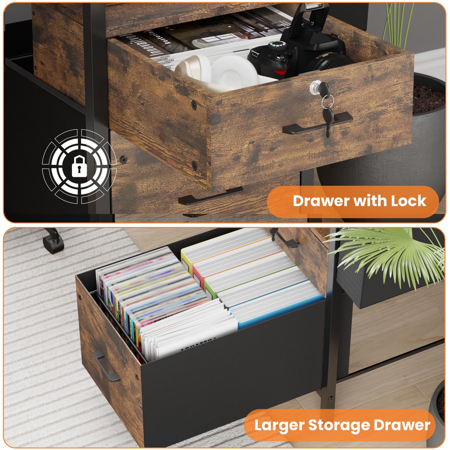 Eunon 55 inch Computer Desk with Lockable Drawers & Power Outlet & Keyboard Tray Home Office Desk, Grey