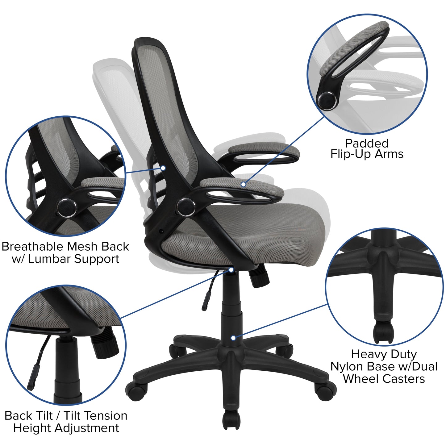 Flash Furniture Porter Ergonomic Mesh High-Back Swivel Office Chair with Flip-Up Armrests, Gray