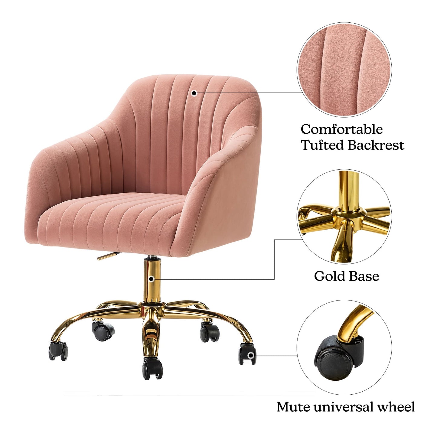14 Karat Velvet Swivel Office Desk Chair, Pink, Rolling with Gold Legs, Adjustable Back