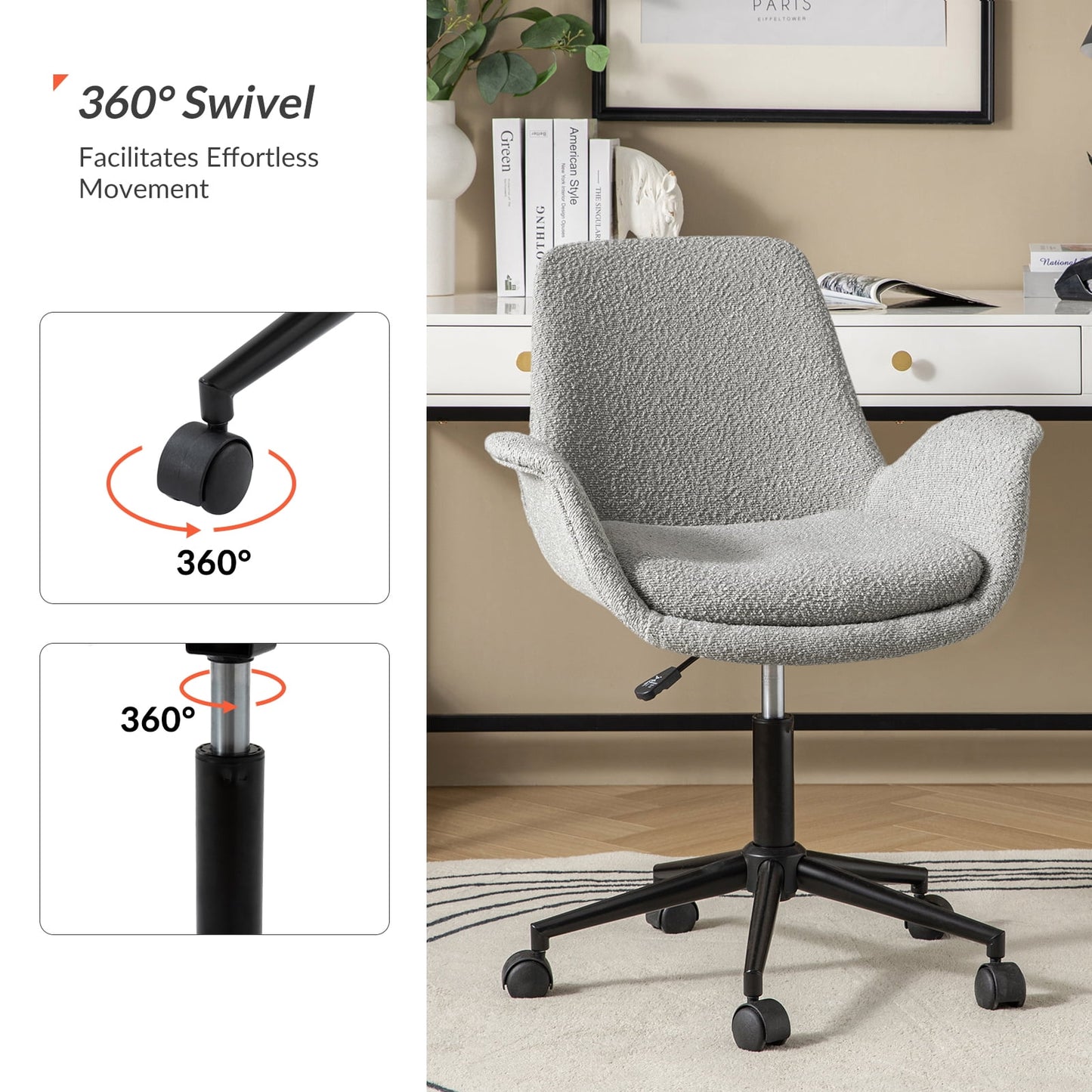 Boucle Home Office Chair Swivel Rolling Computer Task Armrest Vanity Chair Adjustable Height Bedroom Living Room, Grey