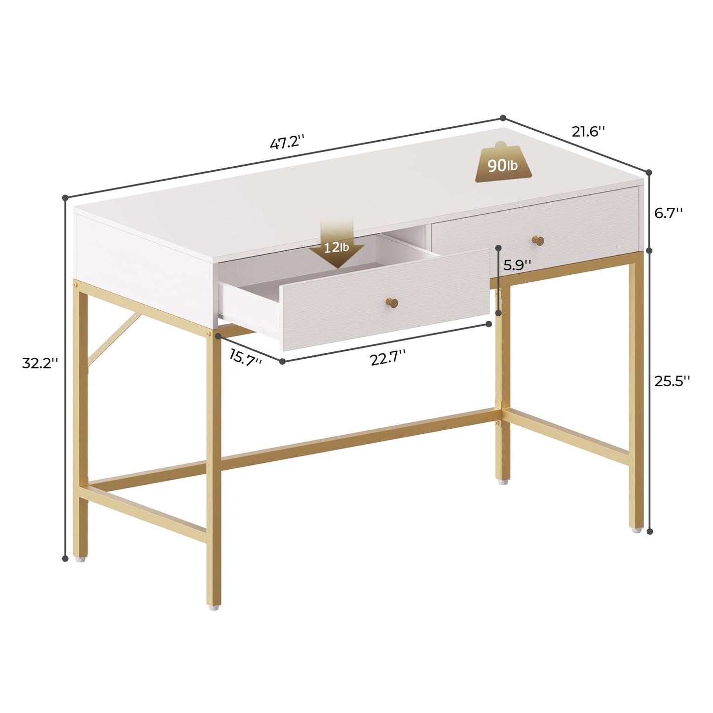 47.2in White and Gold Desk with Drawers, Makeup Vanity Desk, Modern Vanity Table, Computer Desk, Makeup Dressing Table, for Bedroom and Living Room
