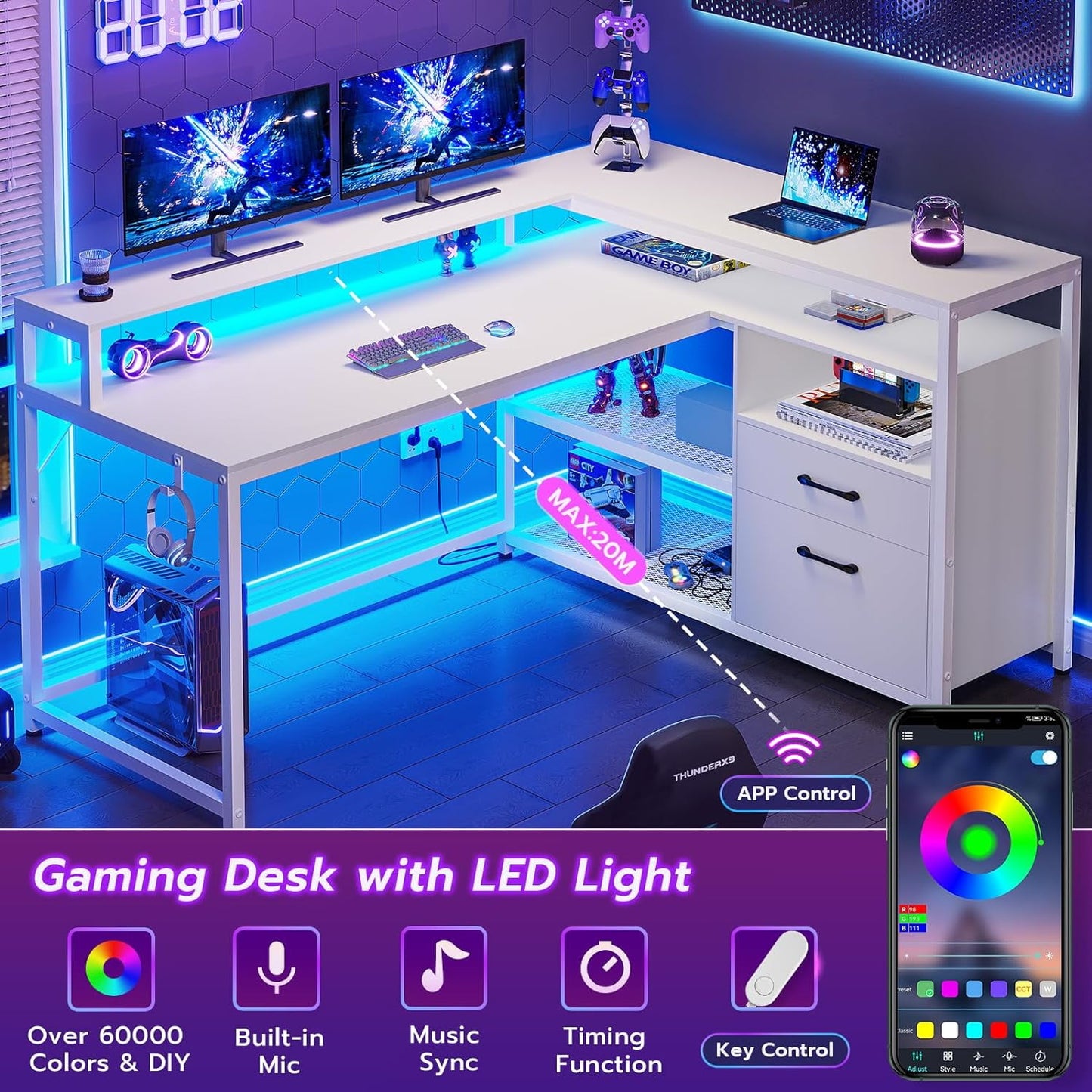 L Shaped 55in Gamer's Computer Desk with LED Lights, Adjustable Shelves, File Drawers & Headphone Hook