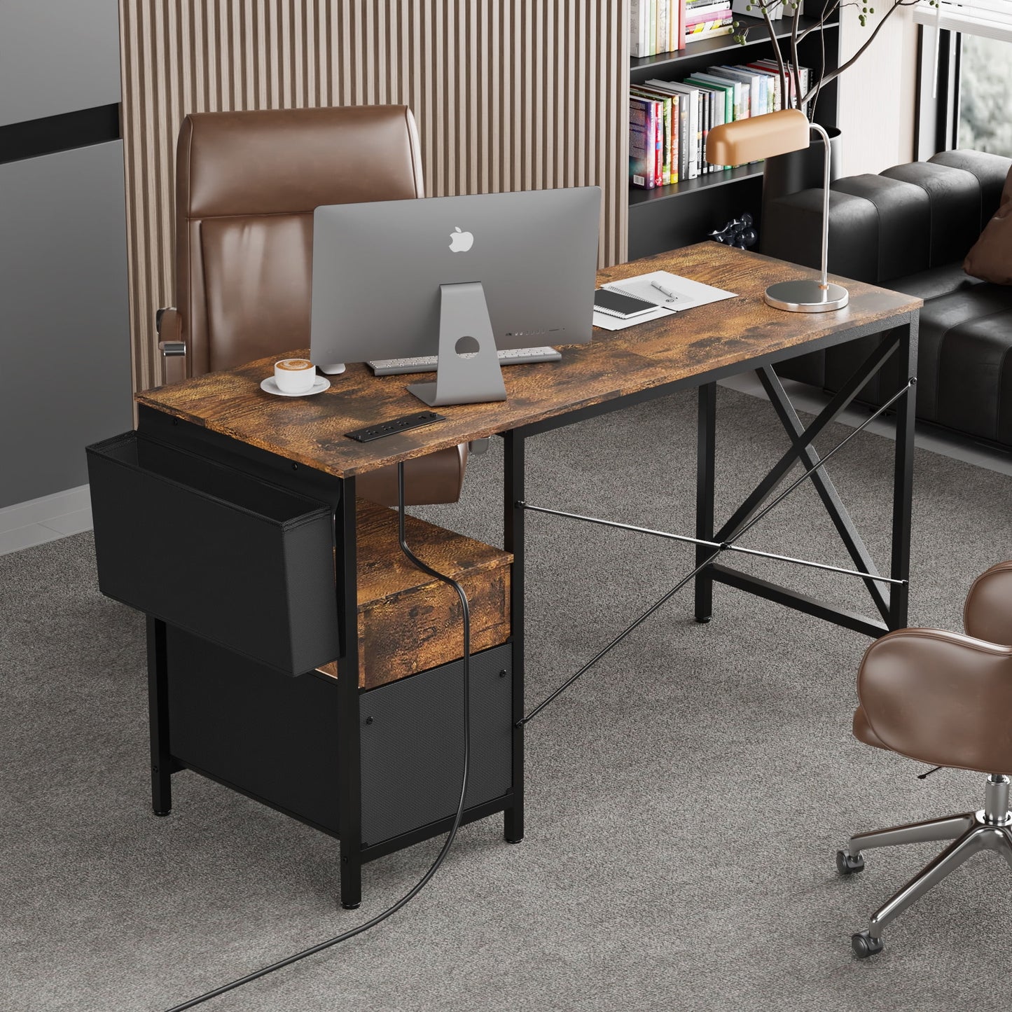 Eunon 55 inch Computer Desk with Lockable Drawers & Power Outlet & Keyboard Tray Home Office Desk, Grey