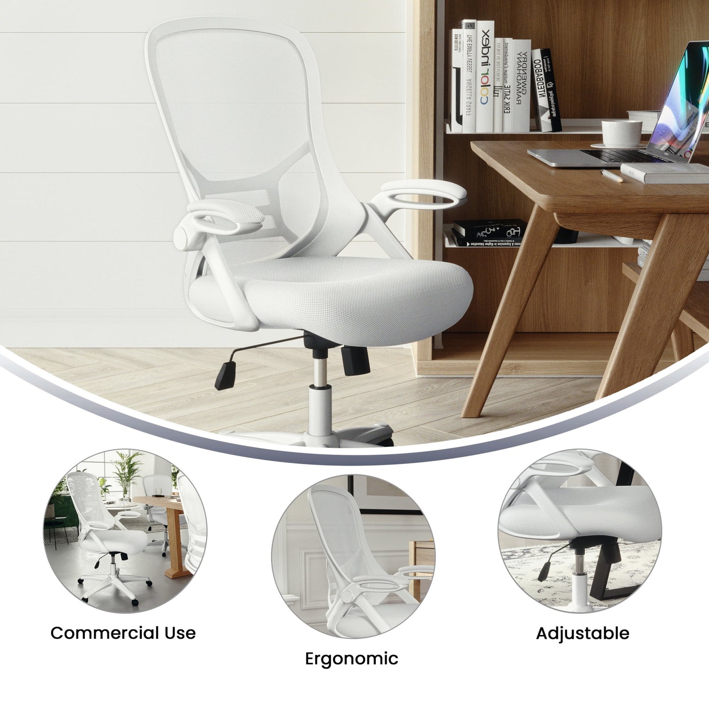 Flash Furniture Porter Ergonomic Mesh High-Back Swivel Office Chair with Flip-Up Armrests, White