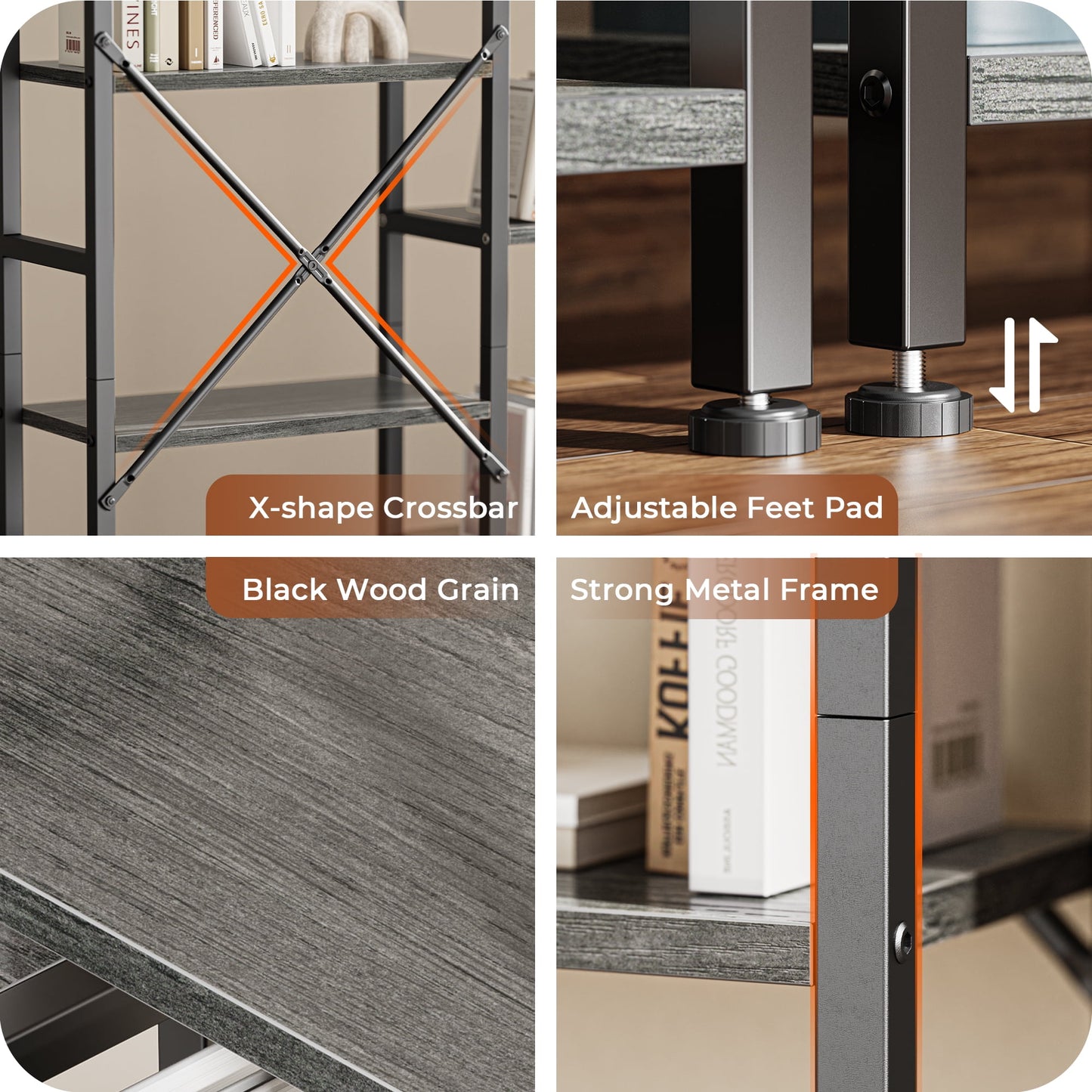 4 Tiers Industrial Bookcase and Bookshelf, Metal Wood 11 Display Shelves, Large Book Shelf for Living Room, Storage Shelf Organizer, Book Case in Gray